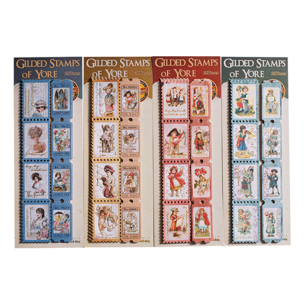 Four boxes of 'Gilded Stamps of Yore' on a white background