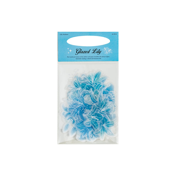 Packaged blue floral decorations with a clear window on a white background
