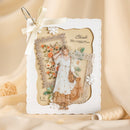 Decorative card with a woman in a white dress and floral elements on a beige background