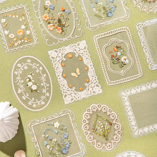 Decorative lace doilies with floral patterns on a green background