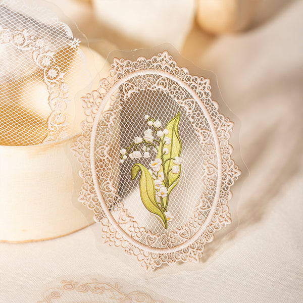 Decorative lace piece with floral design on a soft beige background
