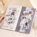 Open book with decorative pages featuring lace and floral designs on a beige background.