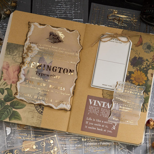 Vintage-style typewriter paper with decorative elements on a textured surface