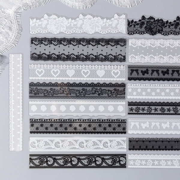 Collection of black and white lace trim patterns on a gray background