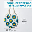 Crochet tote bag with floral patterns and measurements on a white background