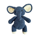 Blue crochet elephant toy on a white background