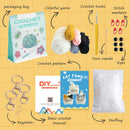 Crochet kit components including yarn, hooks, patterns, and tools on a yellow background