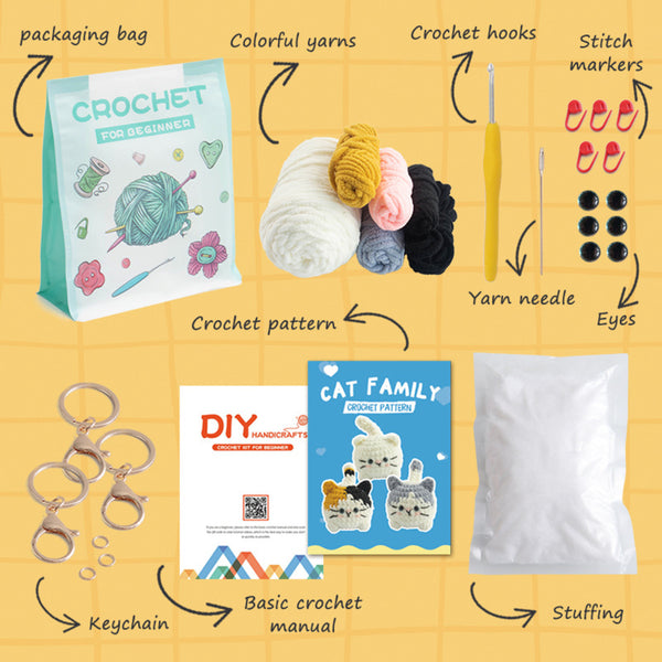 Crochet kit components including yarn, hooks, patterns, and tools on a yellow background