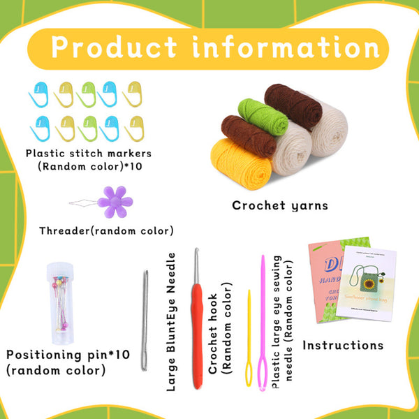 Product information for crochet supplies including yarn, stitch markers, a threader, and other tools on a white background.