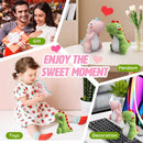 Collage of a couple with a gift, a child playing with plush dinosaurs, and dinosaur toys on a desk.