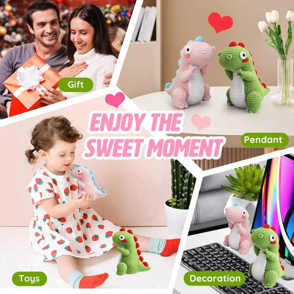 Collage of a couple with a gift, a child playing with plush dinosaurs, and dinosaur toys on a desk.