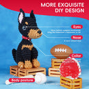 Crocheted dog toy with detailed features labeled on a blue background