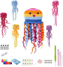 Colorful crochet jellyfish toys with accessories on a white background