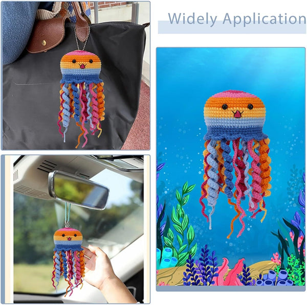 Colorful jellyfish-shaped car hanging accessory with various applications shown.