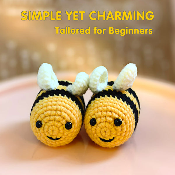 Two crochet bee toys on a light background with text 'Simple Yet Charming, Tailored for Beginners'.