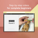 Screen displaying a tutorial on how to do round 2 of knitting with text 'Step-by-step videos for complete beginners'.