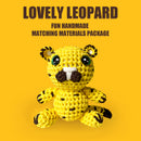 Crocheted toy leopard on a yellow background with text 'Lovely Leopard' and 'Fun Handmade Matching Materials Package'.
