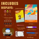 Crochet kit with components and packaging on a brown background