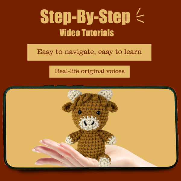 Crocheted bear toy on a hand with promotional text for step-by-step video tutorials.
