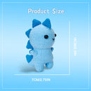 Crocheted blue creature toy with size measurement on a blue background