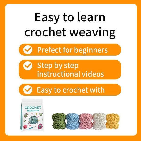Crochet weaving kit with yarn and packaging on an orange background