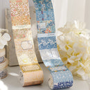 Two rolls of decorative tape with floral and patterned designs, surrounded by flowers on a light background.