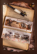 Open book with vintage illustrations and a quill pen on a brown background