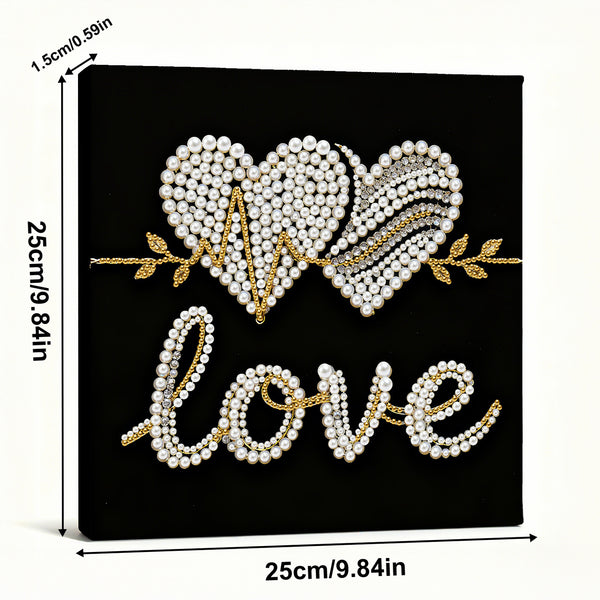Decorative panel with heart design and 'love' text on a black background, with measurements indicated.