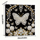 Decorative panel with butterflies, flowers, and pearls on a black background with measurements.