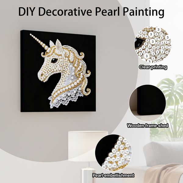 DIY decorative pearl painting of a unicorn with clear printing, wooden frame shedding, and pearl embellishment details.