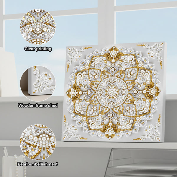 Decorative wall art with pearl embellishments and clear printing on a light background