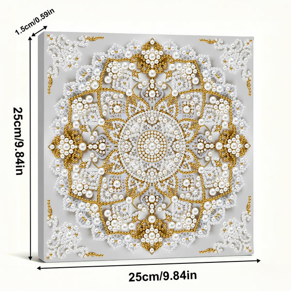 Decorative wall art with pearl and gold design, shown with dimensions.