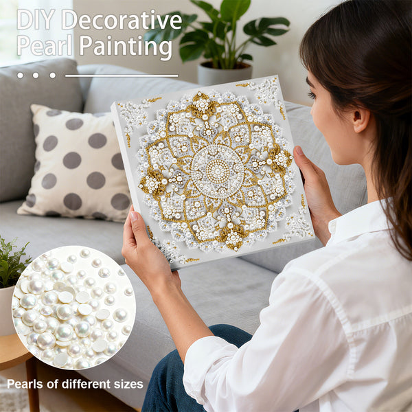 Woman holding a decorative pearl painting kit with pearls of different sizes shown.