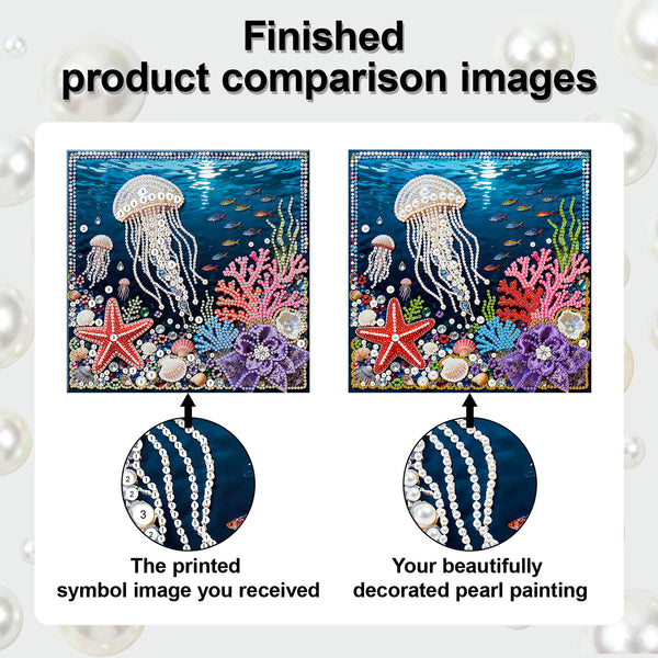 Comparison of a printed symbol image and a beautifully decorated pearl painting with jellyfish and coral.