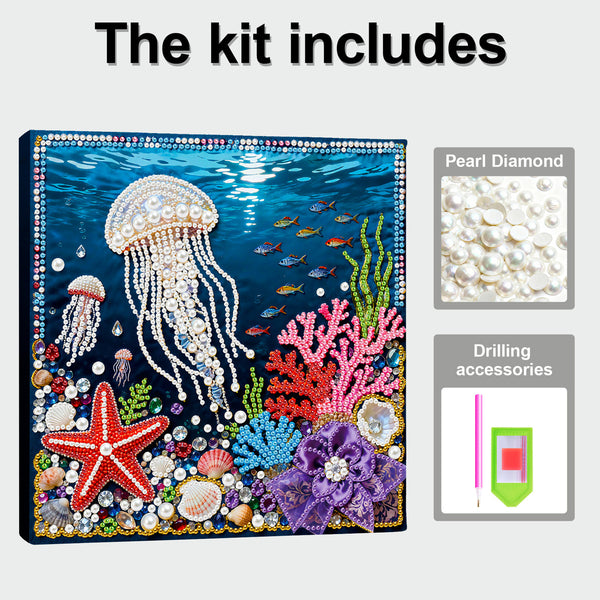 Pearl diamond kit with underwater scene including jellyfish, starfish, and corals, with pearl and drilling accessories shown.