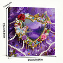 Decorative heart-shaped frame with butterflies and flowers on a purple background, with measurements indicated.