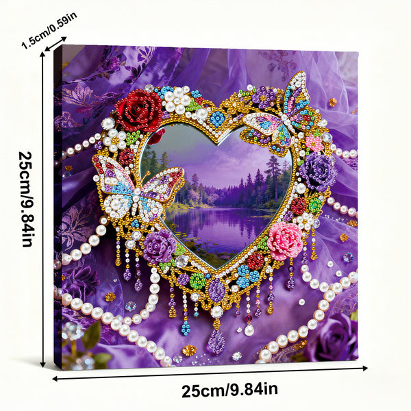 Decorative heart-shaped frame with butterflies and flowers on a purple background, with measurements indicated.