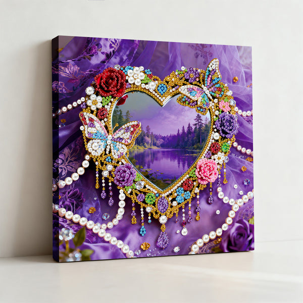 Decorative wall art with a heart-shaped frame of beads, flowers, and a butterfly on a purple background.