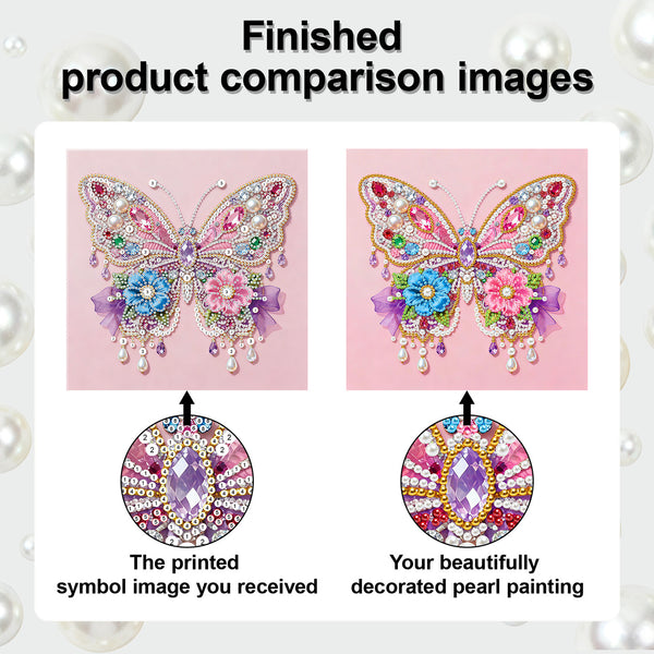 Comparison of a printed butterfly design and a decorated pearl painting on a pink background.