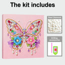 Butterfly design diamond painting kit with pearl diamond and drilling accessories on a pink background