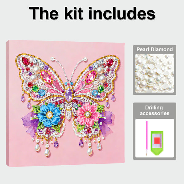 Butterfly design diamond painting kit with pearl diamond and drilling accessories on a pink background