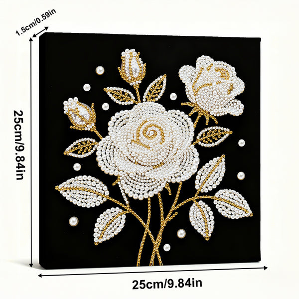 Decorative panel with floral design on a black background, featuring white and gold roses.
