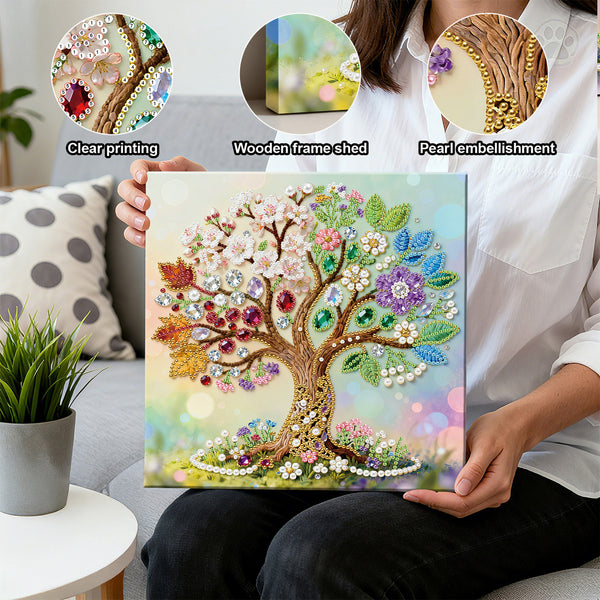 Person holding a decorative tree painting with embellishments, surrounded by close-up details of clear printing, wooden frame shed, and pearl embellishment.