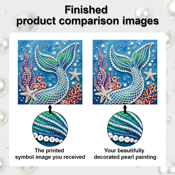 Comparison of a printed symbol image and a decorated pearl painting with mermaid tail design.