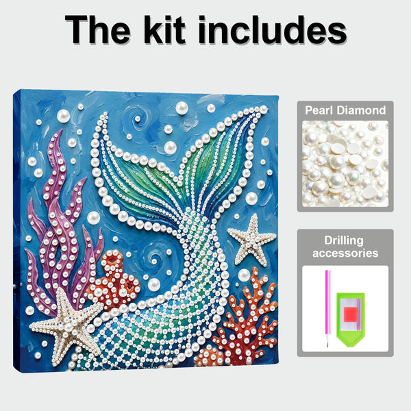 Mermaid tail diamond painting kit with pearl diamonds and drilling accessories on a blue background.