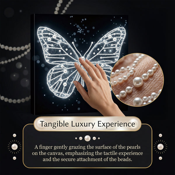 Canvas with butterfly design, hand touching it, and close-up of pearls on dark background
