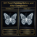 Comparison of a butterfly artwork before and after DIY pearl painting on a dark background.