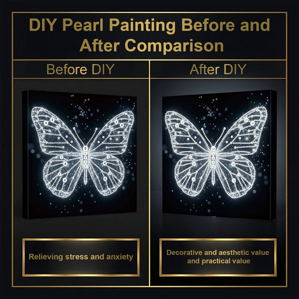 Comparison of a butterfly artwork before and after DIY pearl painting on a dark background.