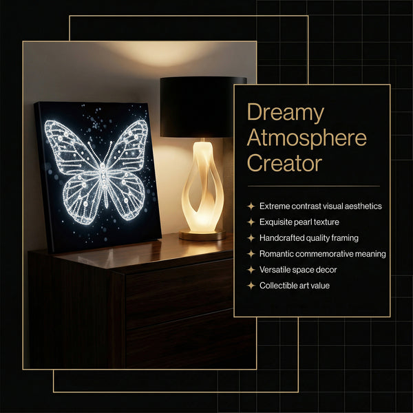 Decorative butterfly artwork and lamp with text highlighting features on a dark background