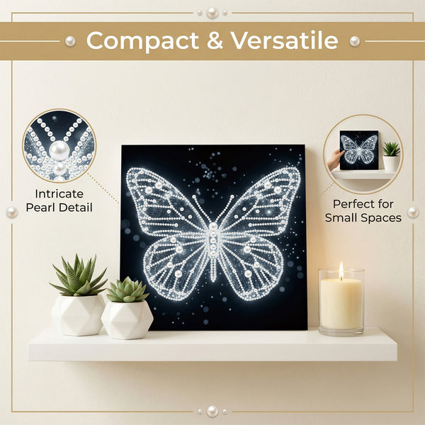 Decorative butterfly art piece on a shelf with plants and a candle, emphasizing compactness and versatility.